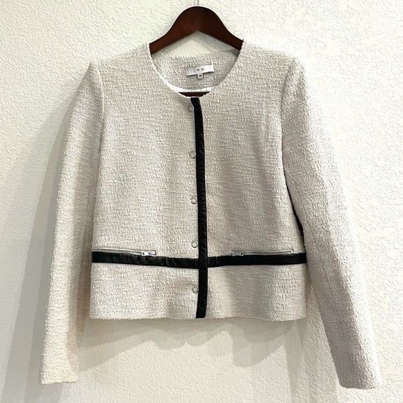 IRO Tweed Boucle Jacket in Natural with Leather Trim FR 38 US 6 - Picture 2 of 10